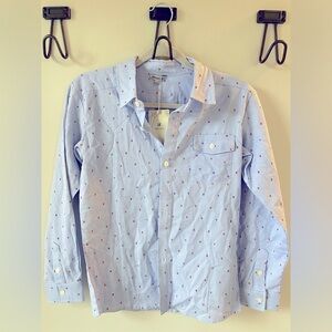 NWT Bienzoe, boys 11/12, cotton blend blue printed button up dress shirt
